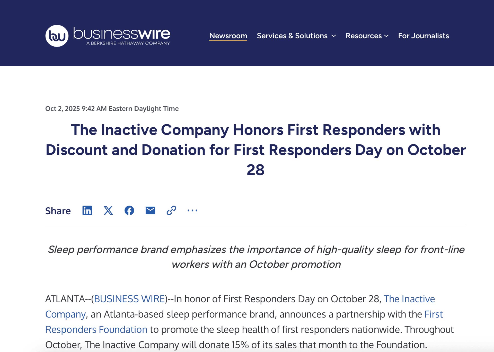 The Inactive Company Honors First Responders with Discount and Donation for First Responders Day on October 28